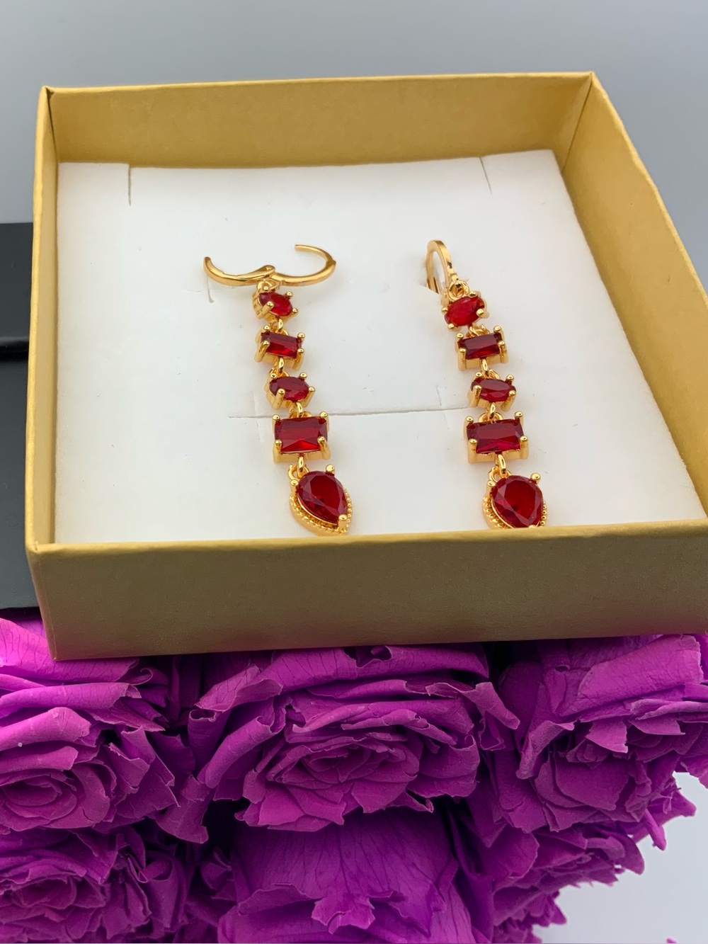 Gold and Red dressy Teardrop & Faceted Link Drop Earrings